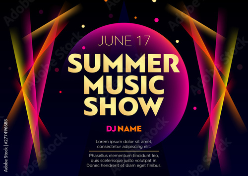 Horizontal summer music show poster with bright color graphic elements, dark background and text.   photo