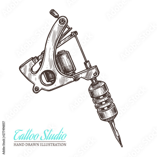 Vector hand drawn sketch illustration of tattoo machine for salon and studio photo