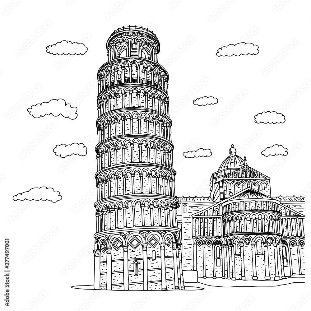 Piza square buildings in Italy vector illustration sketch doodle hand drawn with black lines isolated on white background