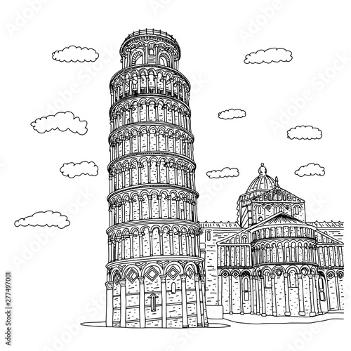 Piza square buildings in Italy vector illustration sketch doodle hand drawn with black lines isolated on white background