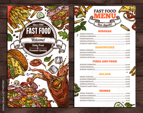 Fast food vector menu template in sketch style. Design for restaurant menu with hand drawn illustrations of burger, drink, french fries, pizza and sandwich