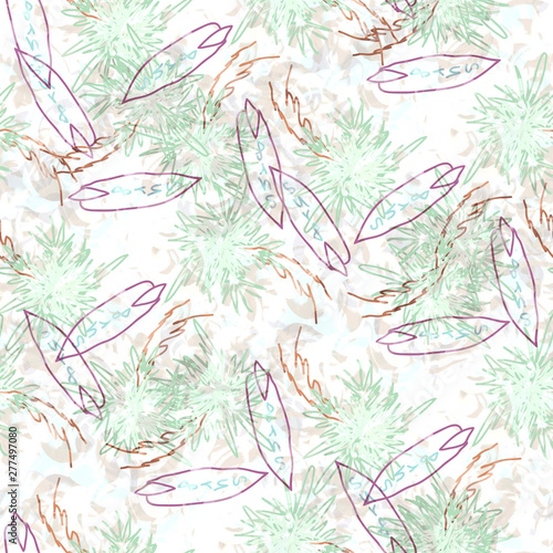 Seamless pattern tropical design. Summer print with palms and surf boards. Watercolor effect. Suitable for bed linen, leggings, shorts and fashion industry.