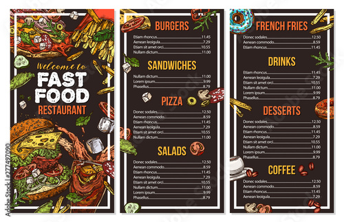 Stampa su tela Fast food vector menu template in sketch style