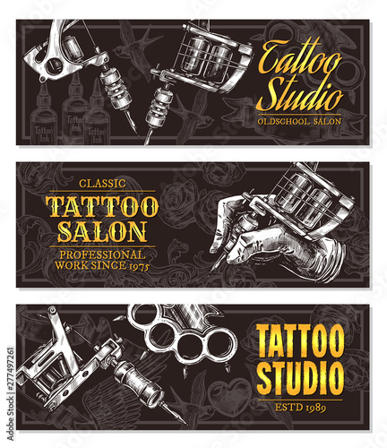 Hand drawn horizontal vector tattoo studio banners with sketch engraving illustration. Monochrome templates set for tattooist salon
