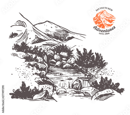 Hand drawn vector illustration of mountain with river and waterfall. Landscape in sketch engraving style for adventure design