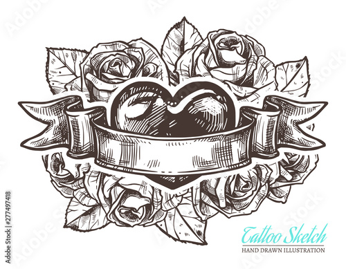 Sketch illustration of heart with roses and vintage ribbon. Vector hand drawn old style tattoo art