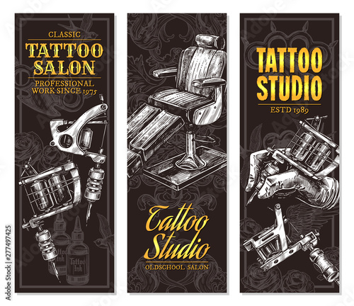 Hand drawn vertical vector tattoo salon banners with sketch engraving illustration. Monochrome templates set for tattooist studio