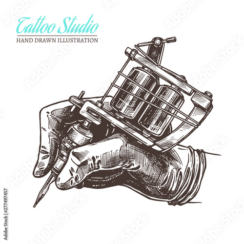 Sketch vector illustration of hand with tattoo machine. Hand drawn art for tattooist