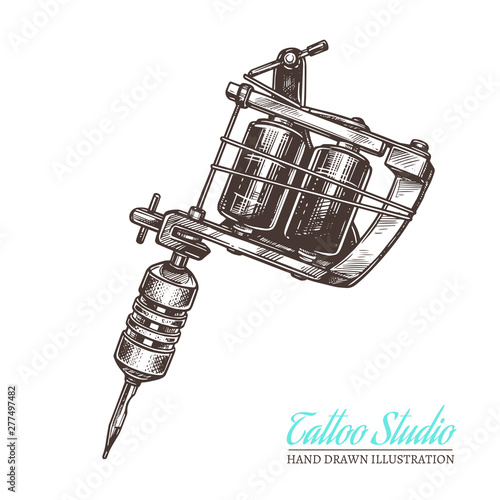 Vector hand drawn sketch illustration of tattoo machine for salon and studio