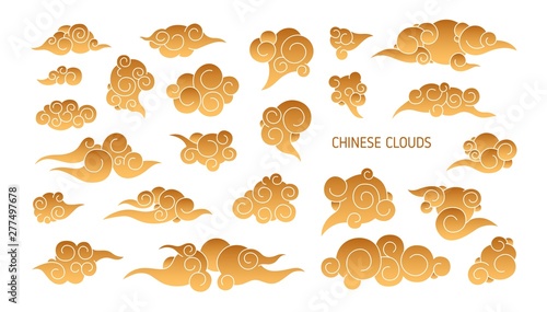 Collection of golden clouds in traditional Chinese style isolated on white background. Bundle of Asian decorative design elements. Set of elegant weather phenomena. Flat colored vector illustration.