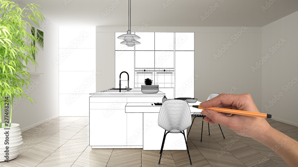 Unfinished project, under construction draft, concept interior design sketch,  hand drawing real kitchen sketch with blueprint background, architect and  designer idea Stock Photo