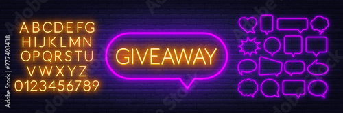 Neon sign giveaway . Set of neon speech bubbles and the alphabet on a dark background. Template for design.