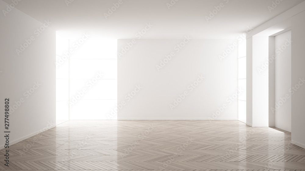 Obraz premium Empty room interior design, open space with white walls, modern style, parquet wooden floor, minimalist contemporary architecture, concept, mock-up, architecture idea