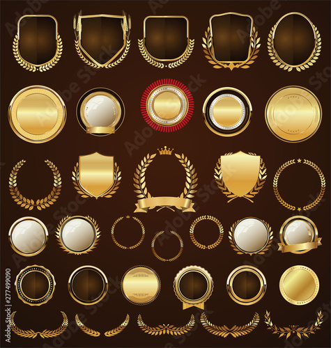 Golden badges labels laurels and ribbons collection