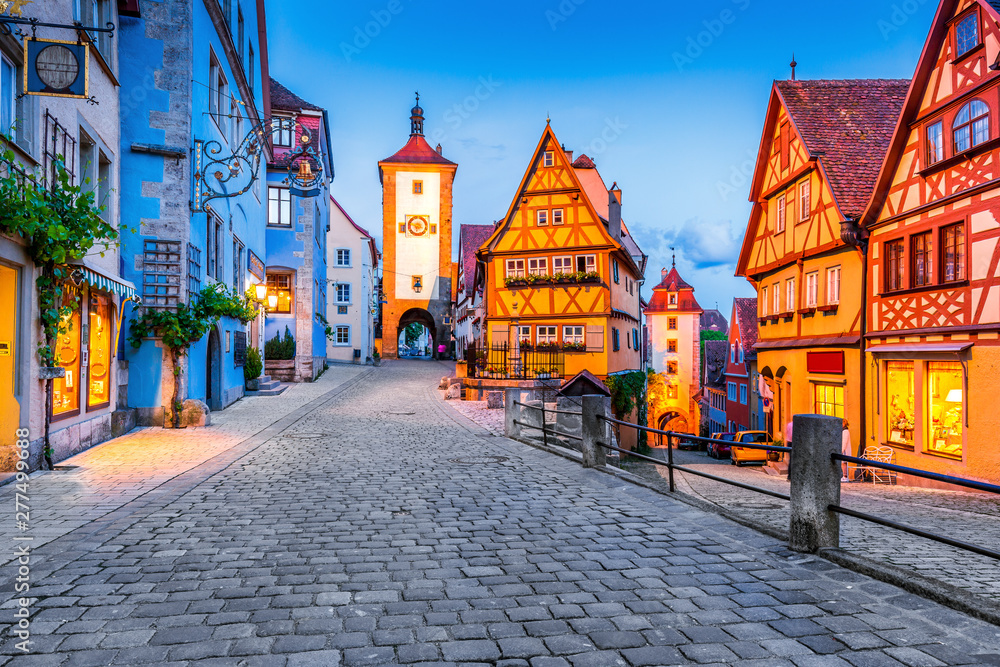 Rothenburg, Germany. Medieval town of Rothenburg ob der Tauber at night.