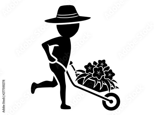Gärtner mit Hut, Schubkarre und Blumen / schwarz-weiß / Flat Design / Vektor / Icon