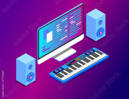 A music composition workstation with a large screen monitor and musical keyboard. flat vector illustration EPS