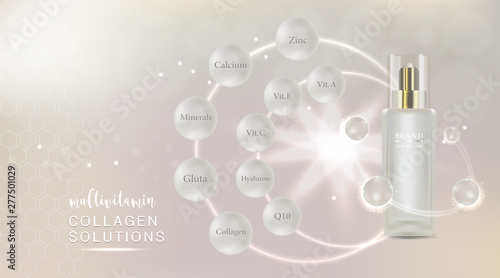 Beauty product ad design, white cosmetic container with collagen solution advertising background ready to use, luxury skin care banner, illustration vector.
