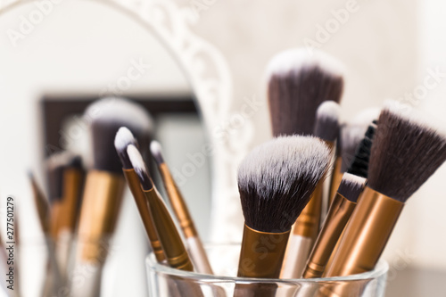 Professional brushes for make-up and a mirror