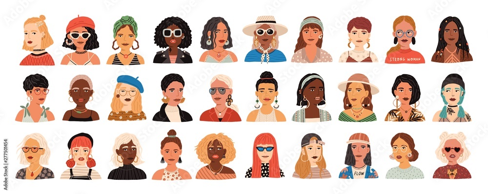 Collection of portraits of cute funny young stylish women. Bundle of  smiling hipster girls with different hairstyles and accessories. Set of  modern female avatars. Flat cartoon vector illustration. Stock Vector |  Adobe