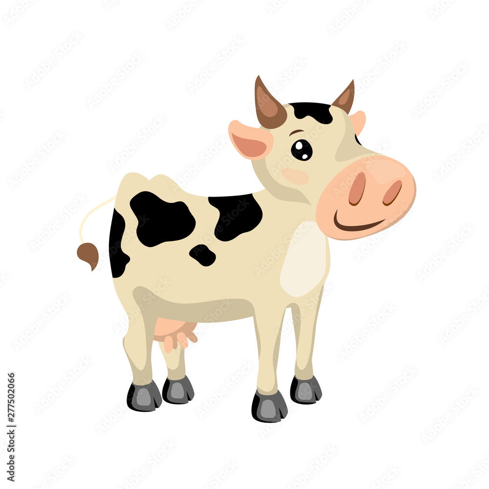 White cow with black spots. Cute cow character vector illustration on white background. Yellow cow with black spots.