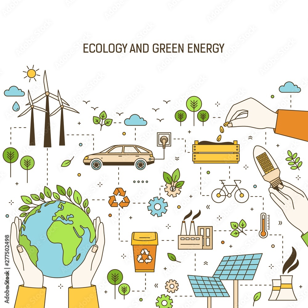 Square banner template with hands holding planet, lightbulb and seeds surrounded by wind and solar power plants, electric car. Green energy, electricity generation. Modern linear vector illustration. - obrazy, fototapety, plakaty 