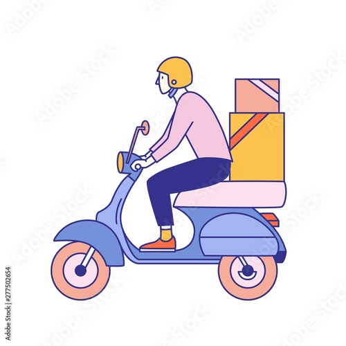 Guy in helmet riding scooter with carton boxes with products from grocery store, shop, supermarket or restaurant. Food delivery service worker or courier. Modern flat colorful vector illustration.