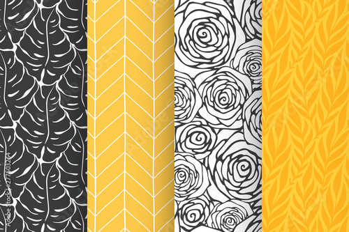 Monstera, roses, leaves, geometric seamless pattern set. Organic simple background collection. Vector illustration