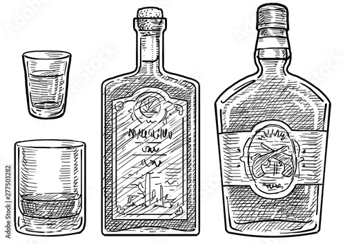 Whiskey and rum illustration, drawing, engraving, ink, line art, vector