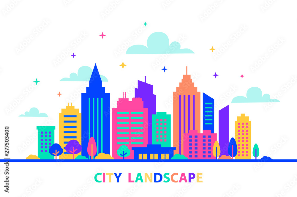 City landscape. Silhouettes of buildings with neon glow and vivid colors. City landscape template. Flat style illustration in neon vivid colors. Cityscape background, Urban life.