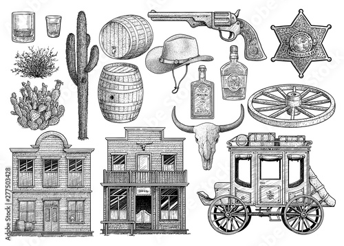 Western object collection, illustration, drawing, engraving, ink, line art, vector