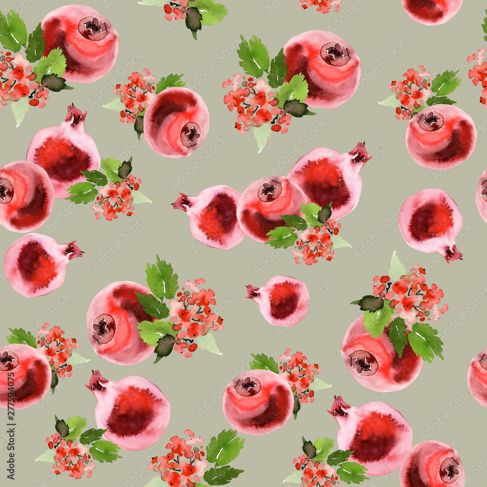 Fototapeta premium Seamless watercolor pattern with berries and pomegranates