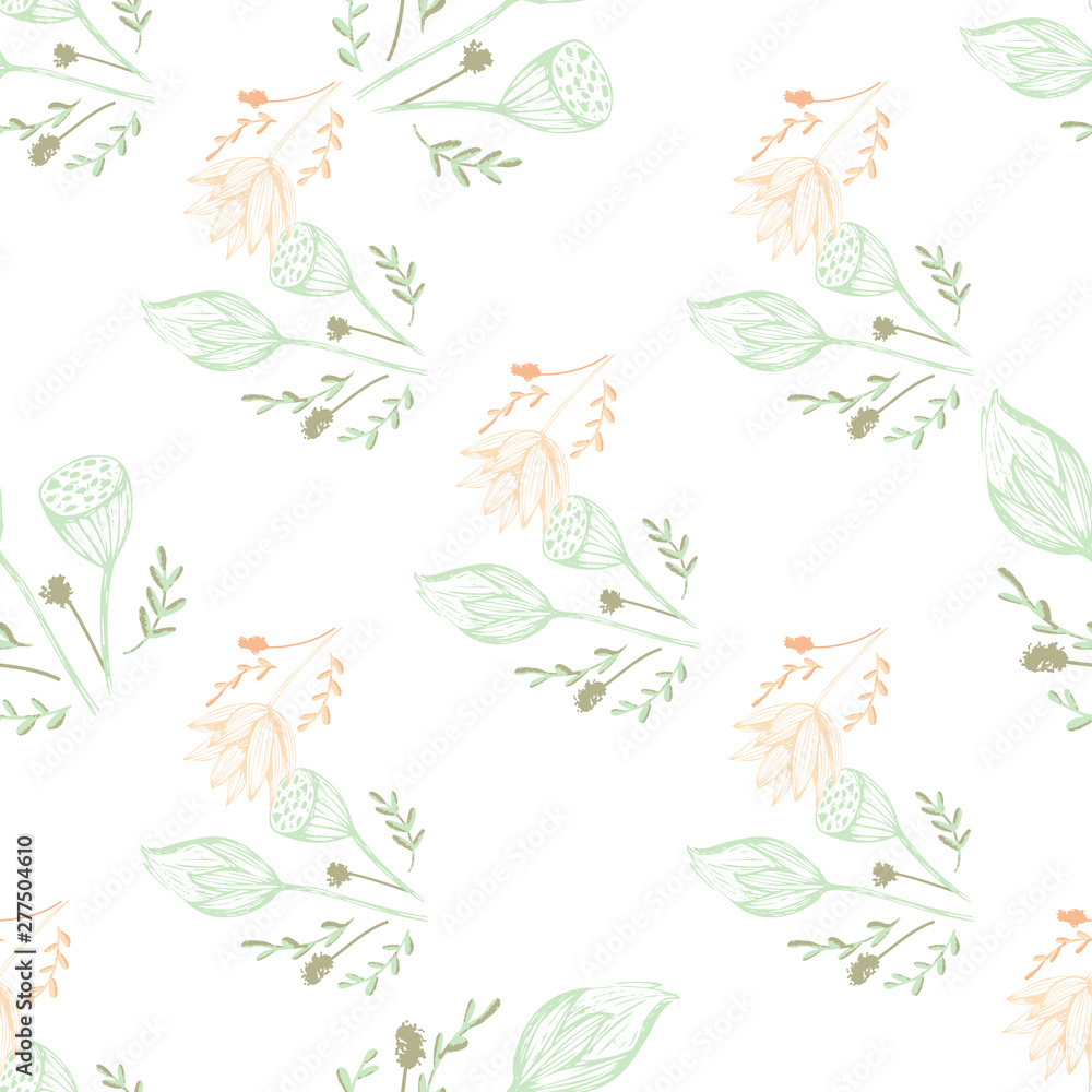 Fototapeta premium Color lotus flower hand drawn, floral seamless pattern, simple vector illustration