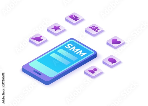 Social media marketing concept, 3d isometric infographic promotion campaign, online digital technology, business people analyze advertising report, content plan, seo optimisation vector illustration