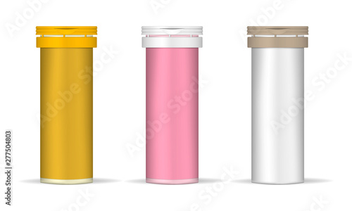 Medical pill package box, realistic illustration. Aluminum tube with cap and color label, vector template. Medicine tablet, vitamin, dietary supplement bottle, mockup
