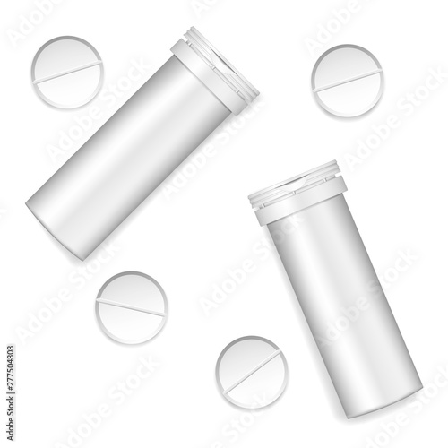 White aluminum tube with effervescent tablets, realistic mockup. Medical pill cylinder bottle, vector template. Blank pharmaceutical packaging, mock-up