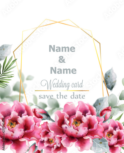 Peony flowers Vector watercolor frame. Delicate floral decor. Wedding card wi...