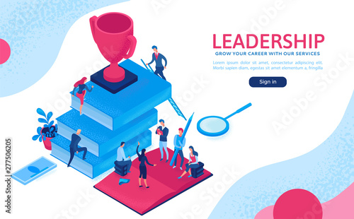 Leadership 3d isometric illustration, employee win trophy, infographic hero concept, business people in teamwork, successful person win cup, landing page or website layout, ui, ux design