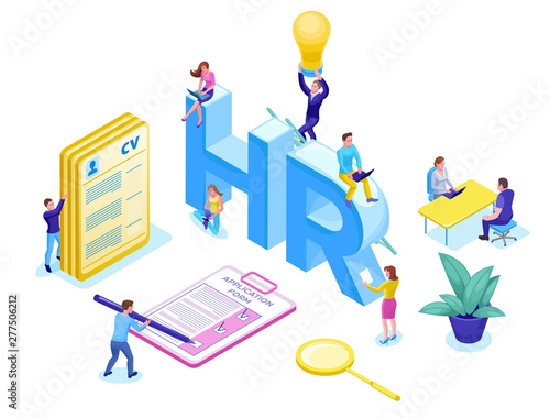 Job agency isometric infographic landing page template with 3d employer hiring talent worker, candidates search work via human resource mobile app, office business people, vector illustration