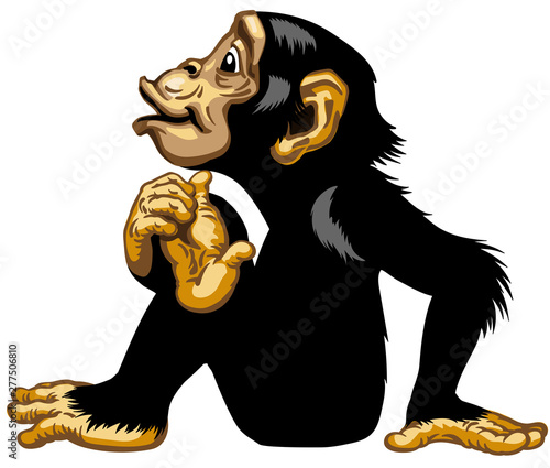 sitting cartoon chimp great ape or chimpanzee monkey . Positive and happy emotion. Sitting pose. Side view. Isolated vector illustration