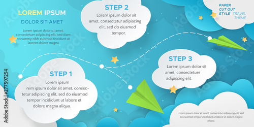 Travel scene with green paper airplanes flying among clouds and stars. Vector layout in paper cut style with 3d origami aircraft for design of flyers, banners, leaflets. Carving art on blue background