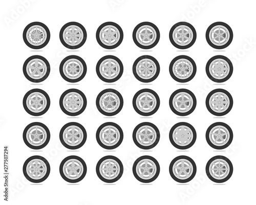Set tires and wheels. Disc wheel car icon vector.