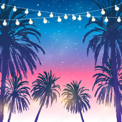 Summer party background with palm trees silhouettes on sunset sky