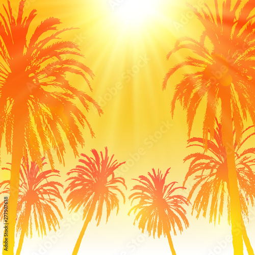 Summer party background with palm trees silhouettes on orange sunny sky