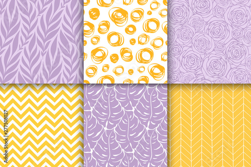 Monstera, roses, leaves, geometric seamless pattern set. Organic simple background collection. Vector illustration