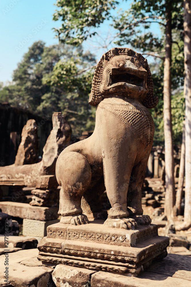 Sculpture of statue of lion in Cambodia. Angkor Wat is the largest religious monument in the world and a World heritage listed complex