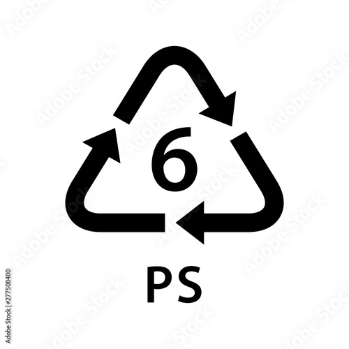 recycle arrow triangle PS types 6 isolated on white background, symbology six type logo of plastic PS materials, recycle triangle types icon graphic, recycle plastic ecology icon