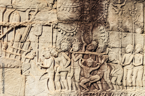 Ancient Khmer carving bas-relief. Wall of Bayon Temple, Angkor Thom, Siem Reap, Cambodia