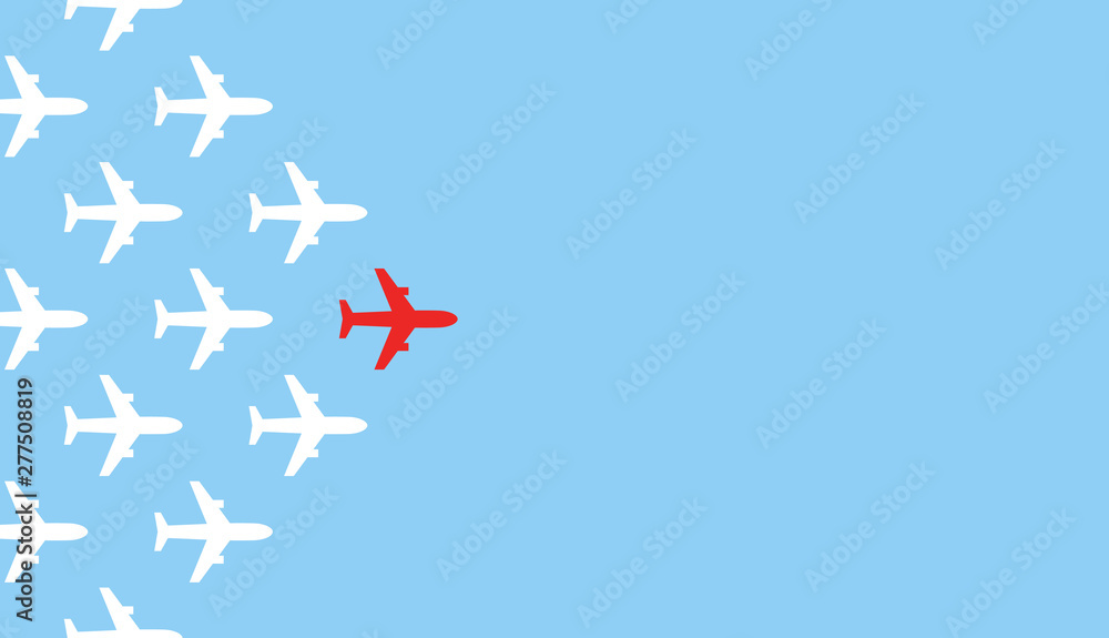 Leadership concept. One red leader airplane leads other white airplanes forward. Red and white airplanes. Motivation business vector illustration. Leadership concept. One red leader airplane leads other white airplanes forward. Red and white airplanes. Motivation business vector illustration.