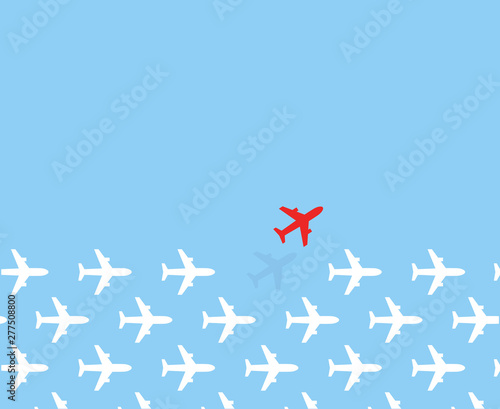 White airplanes group fly in one direction and only one red airplane fly in different way on blue sky background. Business concept pattern for innovative creative solution. Vector background.